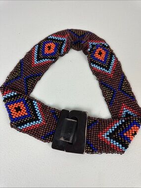 Boho Hippie Aztec Beaded Stretchy Belt With Wooden Buckle
